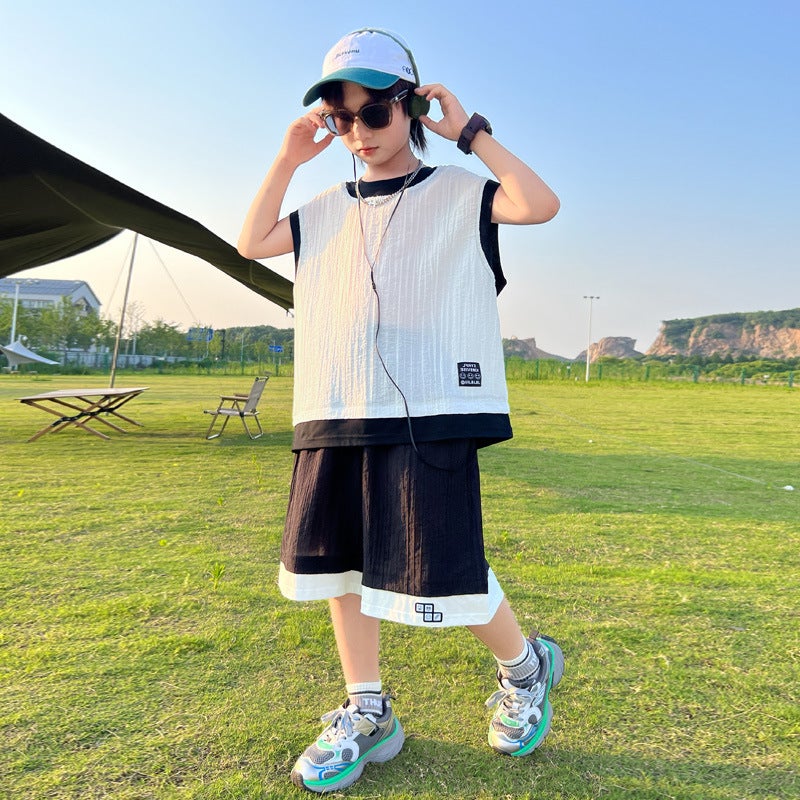 Boys' Summer Outfit Style Boys' Children'S Vest Summer Short-Sleeve For Older Children Trendy Thin - Image 1