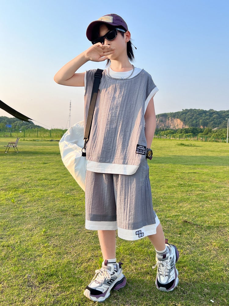 Boys' Summer Outfit Style Boys' Children'S Vest Summer Short-Sleeve For Older Children Trendy Thin - Image 2