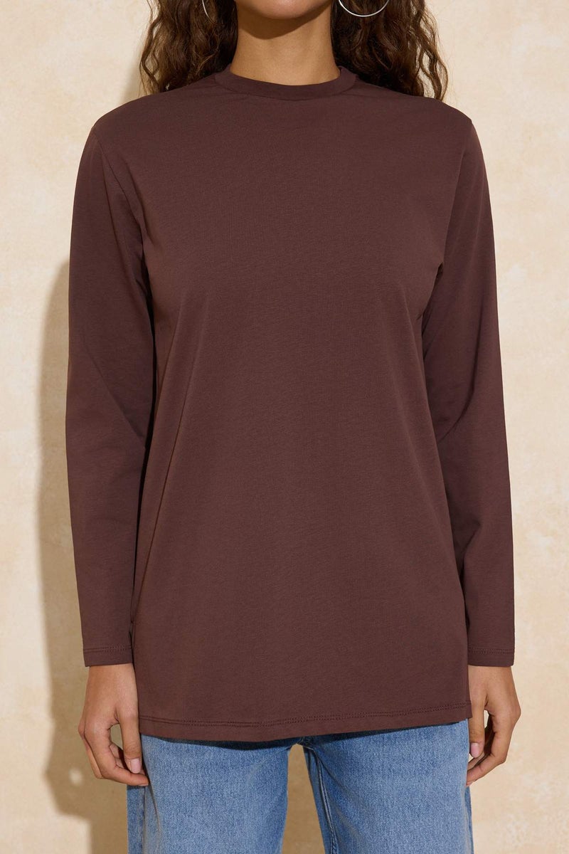 trendyol Brown Long Sleeve Slit Detailed Knitted T-Shirt Tctss25Rt00000 - Image 3