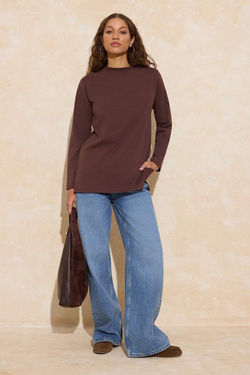 trendyol Brown Long Sleeve Slit Detailed Knitted T-Shirt Tctss25Rt00000 - Image 2