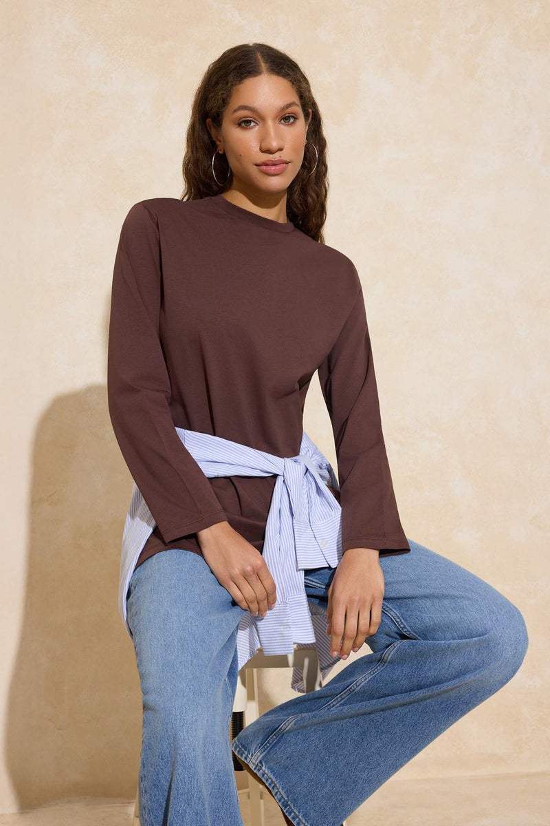 trendyol Brown Long Sleeve Slit Detailed Knitted T-Shirt Tctss25Rt00000 - Image 1
