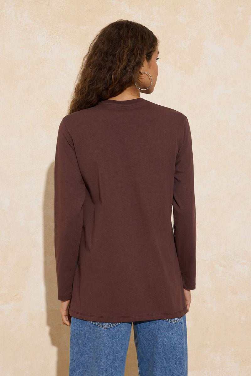 trendyol Brown Long Sleeve Slit Detailed Knitted T-Shirt Tctss25Rt00000 - Image 4
