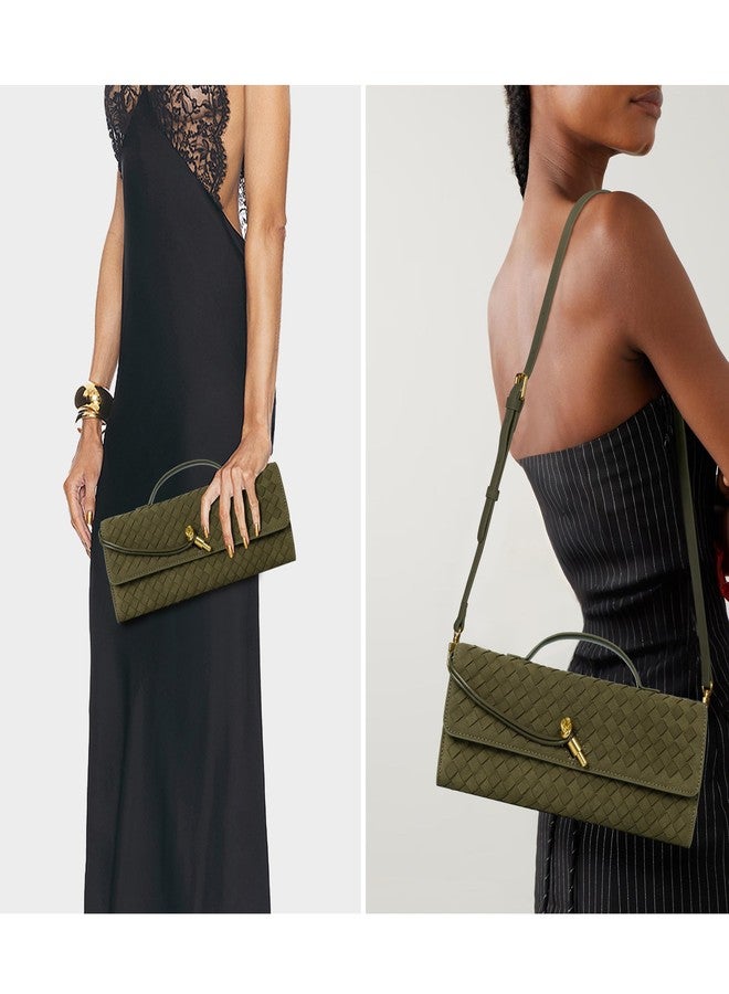 Joryin Woven Purse for Women Evening Clutch Woven Leather Handbags Olive Suede Crossbody Bag Purse Formal Evening Bag - Image 2