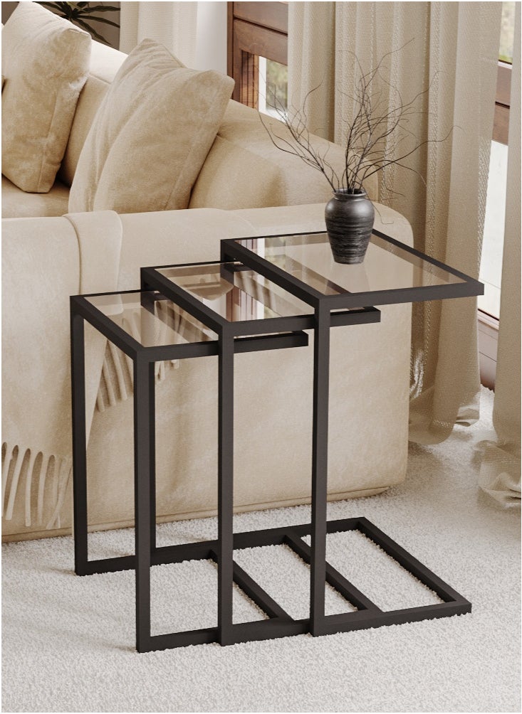 AnneFish 3Pcs C-Shaped Coffee Table Service Table Sofa Side Nesting Table End Table Bedside Table Snack Table with Metal Frame For Living Room  - Image 1