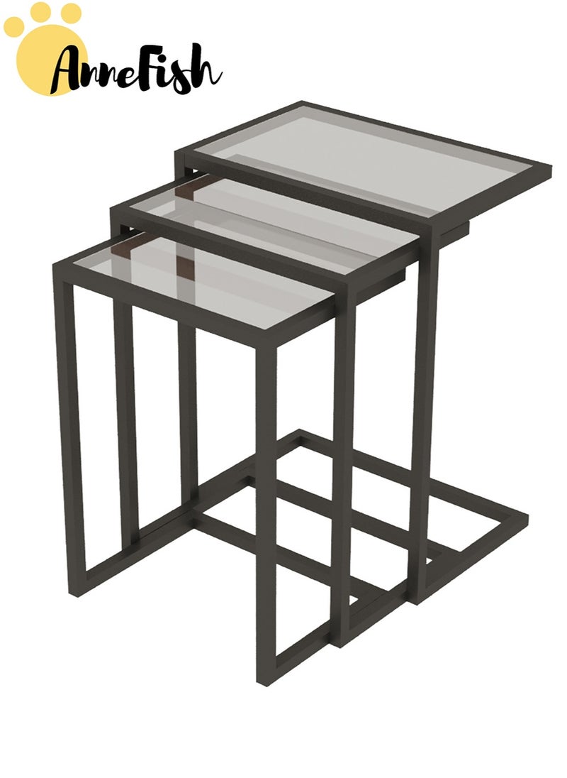 3Pcs C-Shaped Tempered Glass Coffee Table Service Table Sofa Side Nesting Table End Table Bedside Table Snack Table with Metal Frame For Living Room