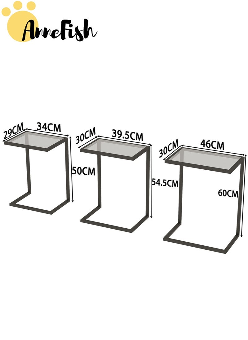 3Pcs C-Shaped Tempered Glass Coffee Table Service Table Sofa Side Nesting Table End Table Bedside Table Snack Table with Metal Frame For Living Room