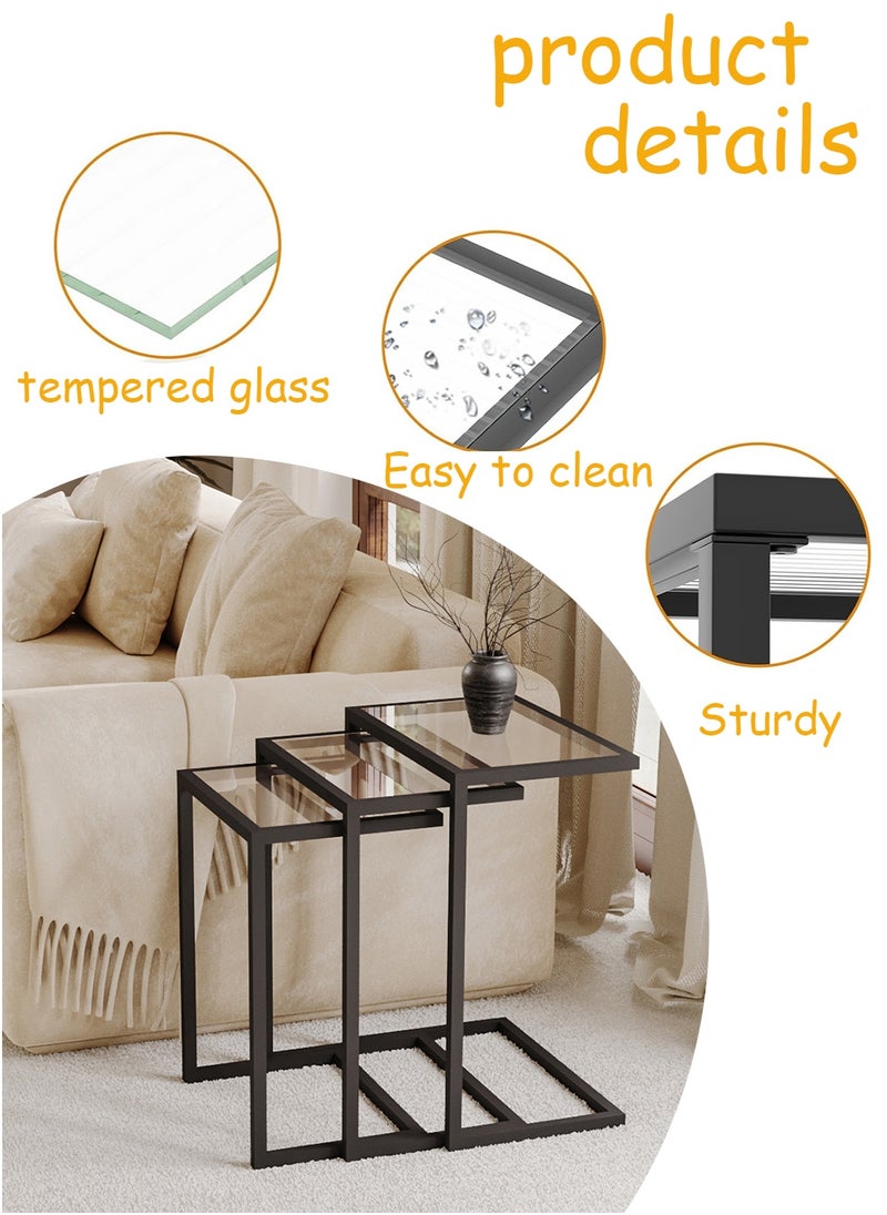 3Pcs C-Shaped Tempered Glass Coffee Table Service Table Sofa Side Nesting Table End Table Bedside Table Snack Table with Metal Frame For Living Room