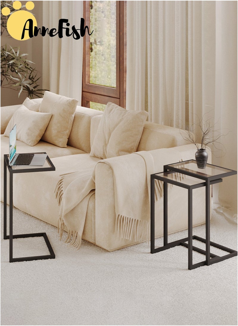 AnneFish 3Pcs C-Shaped Tempered Glass Coffee Table Service Table Sofa Side Nesting Table End Table Bedside Table Snack Table with Metal Frame For Living Room  - Image 2