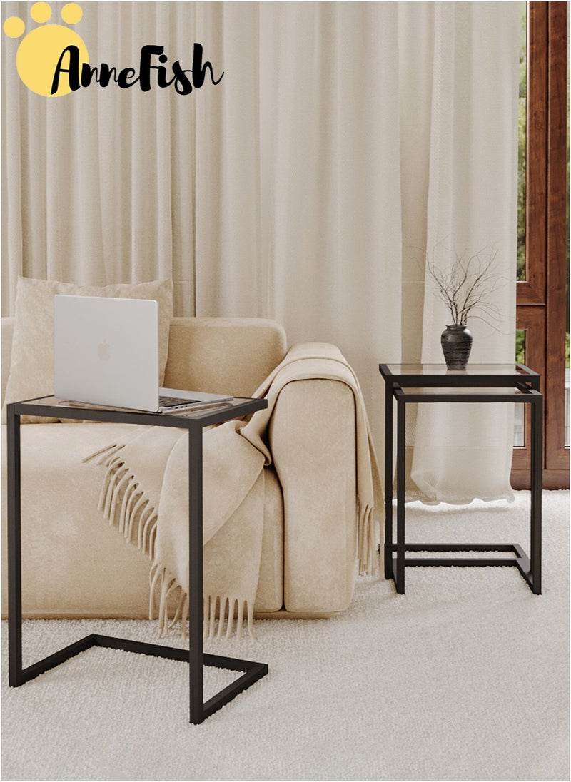 AnneFish 3Pcs C-Shaped Tempered Glass Coffee Table Service Table Sofa Side Nesting Table End Table Bedside Table Snack Table with Metal Frame For Living Room  - Image 3