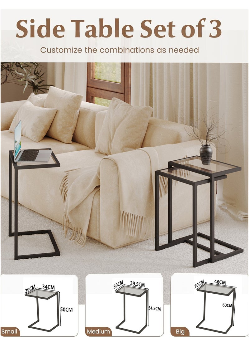 AnneFish 3Pcs C-Shaped Tempered Glass Coffee Table Service Table Sofa Side Nesting Table End Table Bedside Table Snack Table with Metal Frame For Living Room  - Image 5