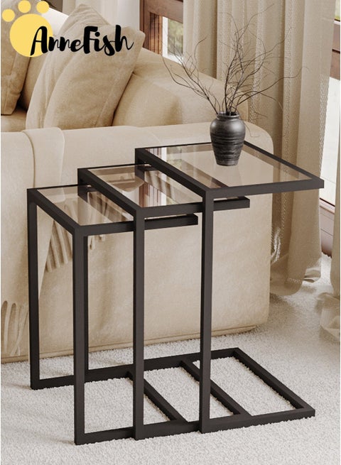 3Pcs C-Shaped Tempered Glass Coffee Table Service Table Sofa Side Nesting Table End Table Bedside Table Snack Table with Metal Frame For Living Room