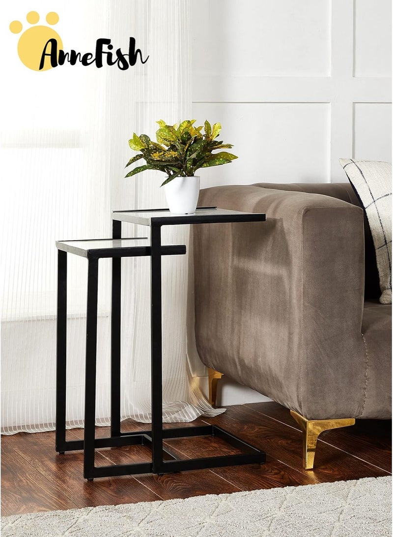 آن فش 3 قطع طاولة قهوة من الزجاج المقسّى على شكل حرف C وطاولة خدمة وطاولة جانبية للأريكة وطاولة جانبية وطاولة جانبية للسرير وطاولة وجبات خفيفة بإطار معدني لغرفة المعيشة - Image 5