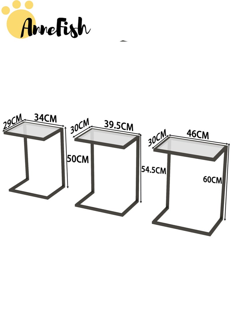 آن فش 3 قطع طاولة قهوة من الزجاج المقسّى على شكل حرف C وطاولة خدمة وطاولة جانبية للأريكة وطاولة جانبية وطاولة جانبية للسرير وطاولة وجبات خفيفة بإطار معدني لغرفة المعيشة - Image 5