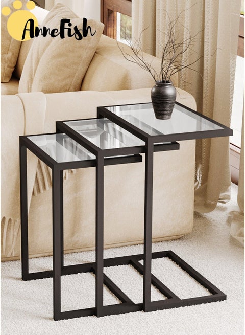 3Pcs C-Shaped Tempered Glass Coffee Table Service Table Sofa Side Nesting Table End Table Bedside Table Snack Table with Metal Frame For Living Room