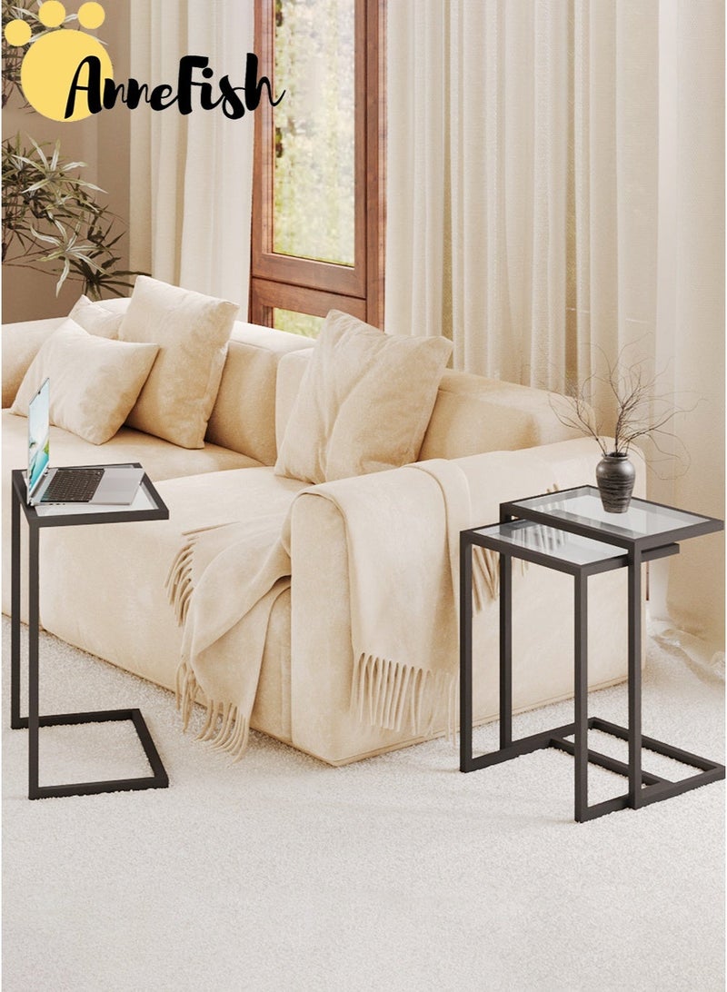 آن فش 3 قطع طاولة قهوة من الزجاج المقسّى على شكل حرف C وطاولة خدمة وطاولة جانبية للأريكة وطاولة جانبية وطاولة جانبية للسرير وطاولة وجبات خفيفة بإطار معدني لغرفة المعيشة - Image 2