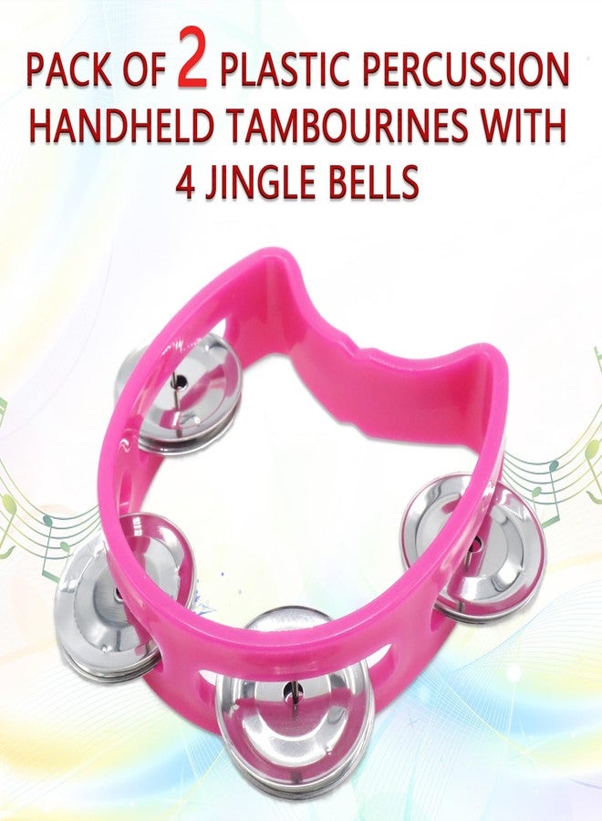 Cheerock Pack of 2 Plastic Percussion Handheld Tambourines with 4 Jingle Bells, Pink Mini Hand Bell Percussion, Musical Rhythm Instruments for Kids, Adults, School and Party - Image 2