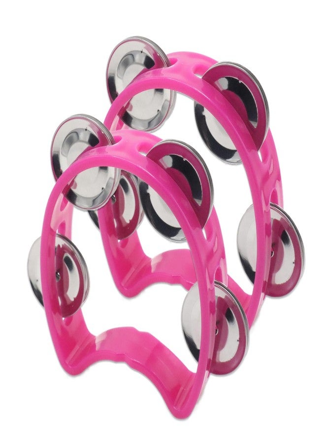 Cheerock Pack of 2 Plastic Percussion Handheld Tambourines with 4 Jingle Bells, Pink Mini Hand Bell Percussion, Musical Rhythm Instruments for Kids, Adults, School and Party - Image 1