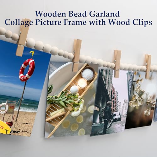 YuanDe Hanging Photo Display Wall Decor with 30 Wood Clips, YuanDe 67 Inches Boho Wooden Bead Garland Collage Picture Frame Photos String DIY, Photo Hanger for Bedroom Office Dorm Room Decor Gifts(2PCS) - Image 4