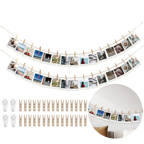 YuanDe Hanging Photo Display Wall Decor with 30 Wood Clips, YuanDe 67 Inches Boho Wooden Bead Garland Collage Picture Frame Photos String DIY, Photo Hanger for Bedroom Office Dorm Room Decor Gifts(2PCS) - Image 1