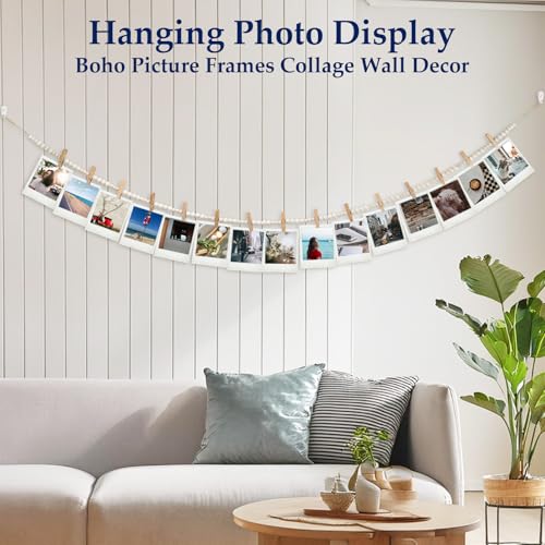 YuanDe Hanging Photo Display Wall Decor with 30 Wood Clips, YuanDe 67 Inches Boho Wooden Bead Garland Collage Picture Frame Photos String DIY, Photo Hanger for Bedroom Office Dorm Room Decor Gifts(2PCS) - Image 3