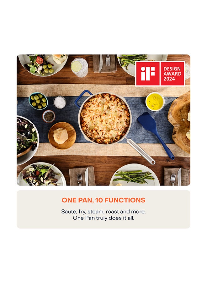 nutricook مقلاة نيوتريكوك وان 26 سم، من الألومنيوم المصبوب، مع غطاء ذاتي التسخين، وسلة بخار، وملعقة سيليكون، وطلاء سيراميكي غير لاصق، وآمنة للاستخدام في الفرن، وآمنة للاستخدام في الحث الحراري، ومصممة في كاليفورنيا، NC-OP126AB، باللون الأزرق بالكامل  - Image 3