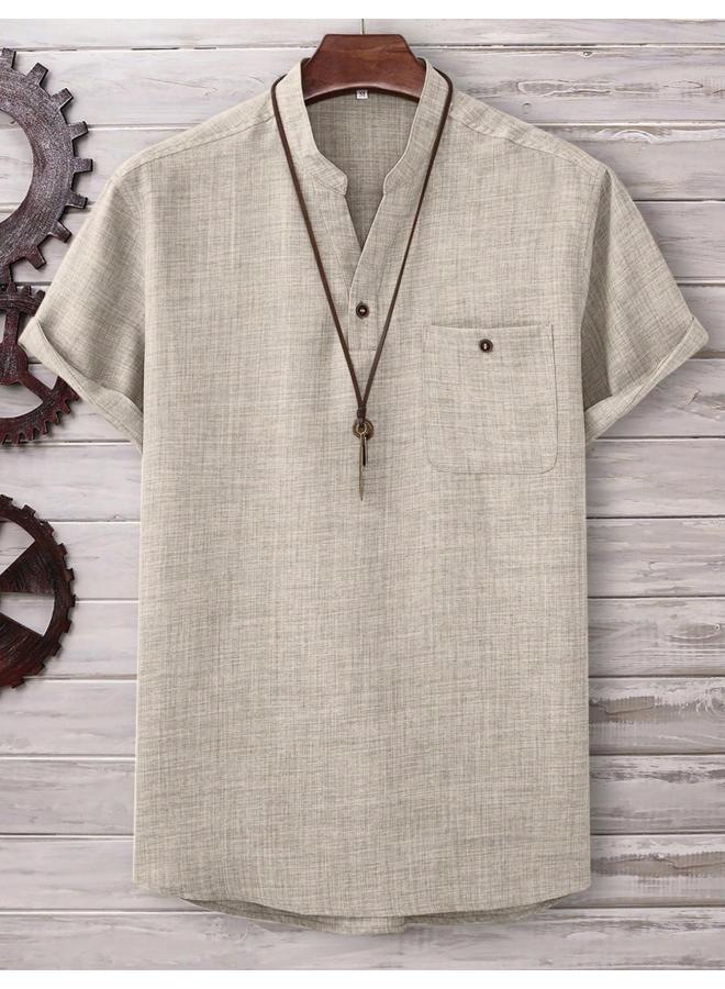 European And American Men's Summer Solid Color Stand Collar Button Large Size Loose Casual Breathable Short Sleeve Polo Shirt