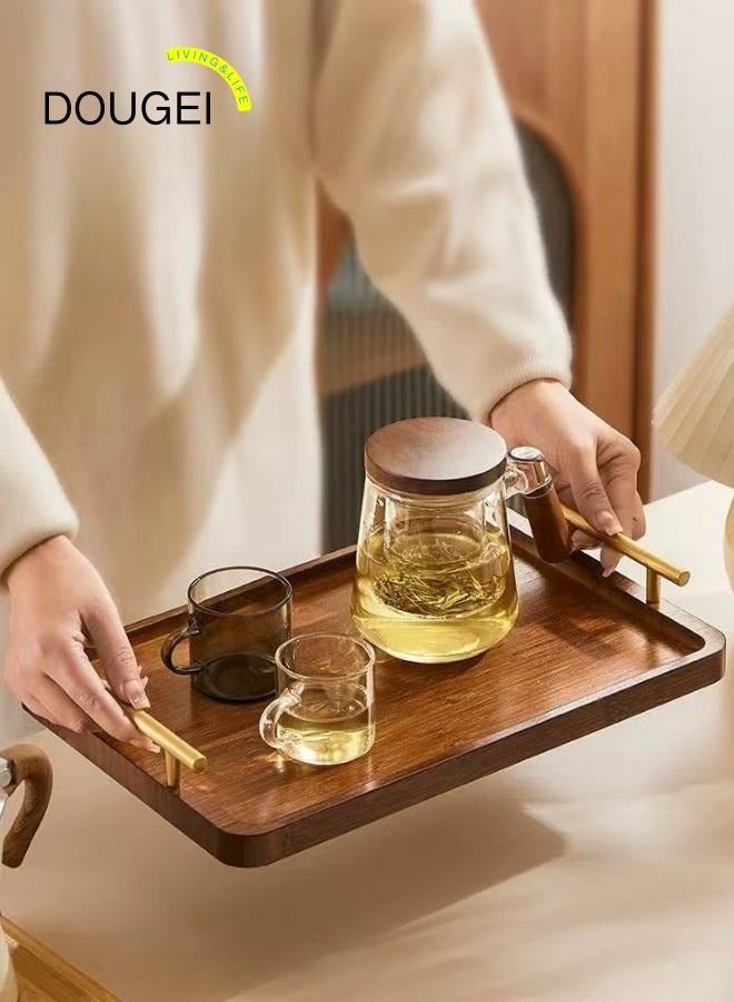 دوغي صينية تقديم من الخيزران بمقابض ذهبية - صينية طعام مزخرفة للإفطار ، طاولة قهوة ، عشاء وبار ، مطبخ ، غرفة نوم (30 * 40 سم) - Image 1