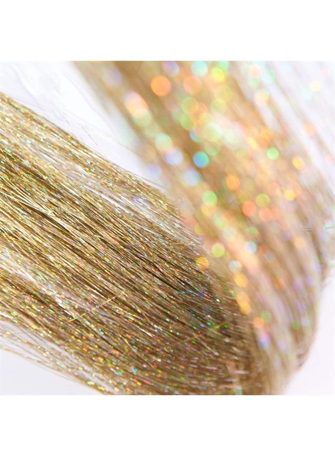 Dansee 48" Hair Tinsel 750 Strands Kit Sparkling Silk Fairy Hair Shiny Hair Flairs Extensions Party Highlights Hair Dazzle Glitter Extensions Bling Synthetic Hairpieces Set (Gold) - Image 1