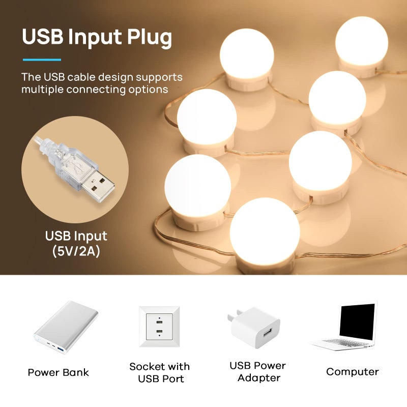 Consciot LED Vanity Lights For Mirror, Consciot Hollywood Style Lights With 14 Dimmable Bulbs, Adjustable Color & Brightness, USB Cable, Mirror Lights Stick on for Makeup Table Dressing Room Mirror,White - Image 5