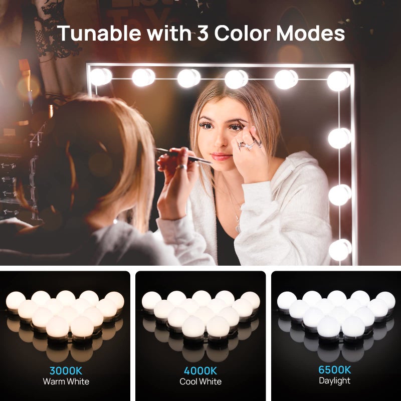 Consciot LED Vanity Lights For Mirror, Consciot Hollywood Style Lights With 14 Dimmable Bulbs, Adjustable Color & Brightness, USB Cable, Mirror Lights Stick on for Makeup Table Dressing Room Mirror,White - Image 3