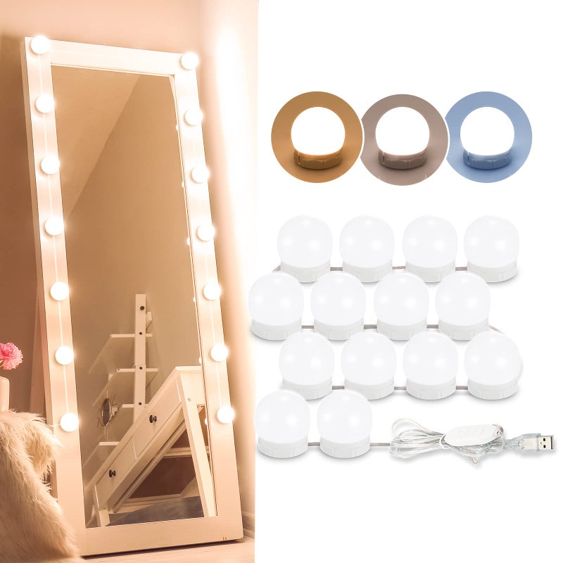 Consciot LED Vanity Lights For Mirror, Consciot Hollywood Style Lights With 14 Dimmable Bulbs, Adjustable Color & Brightness, USB Cable, Mirror Lights Stick on for Makeup Table Dressing Room Mirror,White - Image 1