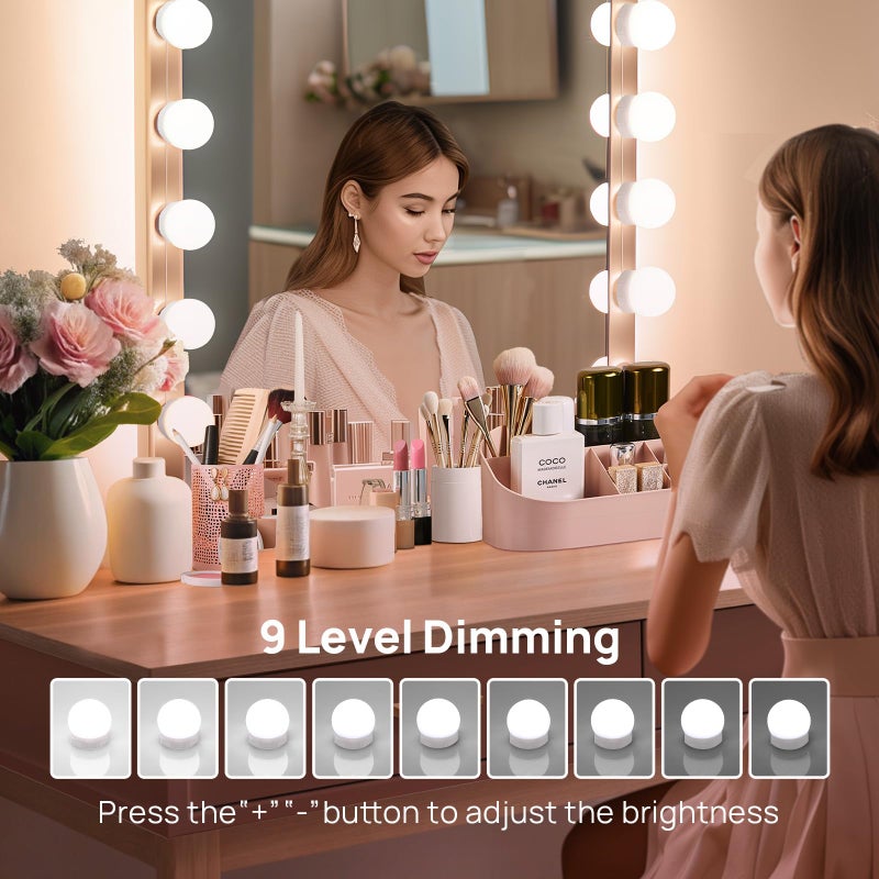 Consciot LED Vanity Lights For Mirror, Consciot Hollywood Style Lights With 14 Dimmable Bulbs, Adjustable Color & Brightness, USB Cable, Mirror Lights Stick on for Makeup Table Dressing Room Mirror,White - Image 4