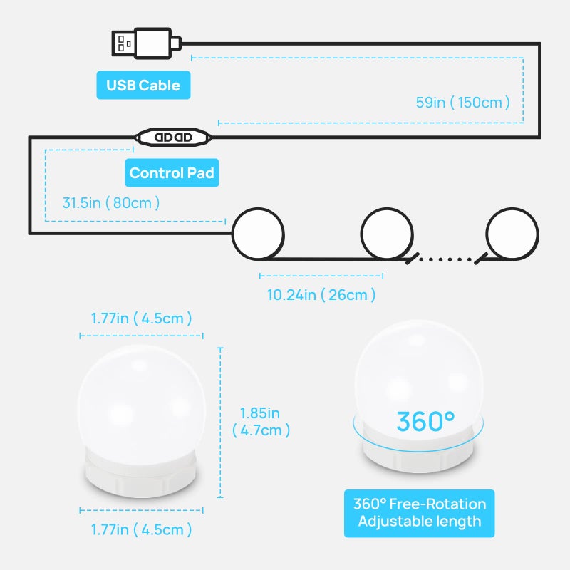 Consciot LED Vanity Lights For Mirror, Consciot Hollywood Style Lights With 14 Dimmable Bulbs, Adjustable Color & Brightness, USB Cable, Mirror Lights Stick on for Makeup Table Dressing Room Mirror,White - Image 2