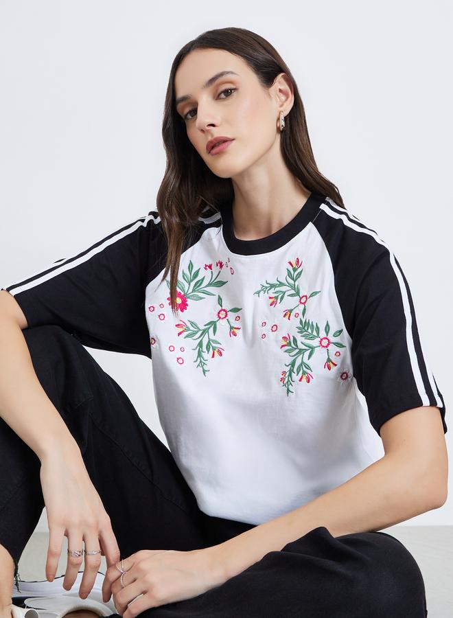 Styli Women Embroidered Color Block 100% Cotton T-Shirt - Image 5