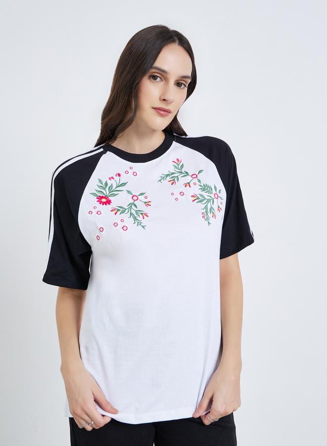 Styli Women Embroidered Color Block 100% Cotton T-Shirt - Image 1