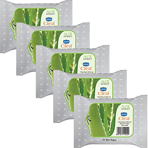 Ginni Clea Cleansing and Make-up Remover Wet Wipes Wet Tissues for Face Moisturizing, Gentle Purifying | Effortlessly Erase Makeup, Hydrate & Soothe Skin- Aloevera (Pack of 5-30 wipes per pack) - Image 1