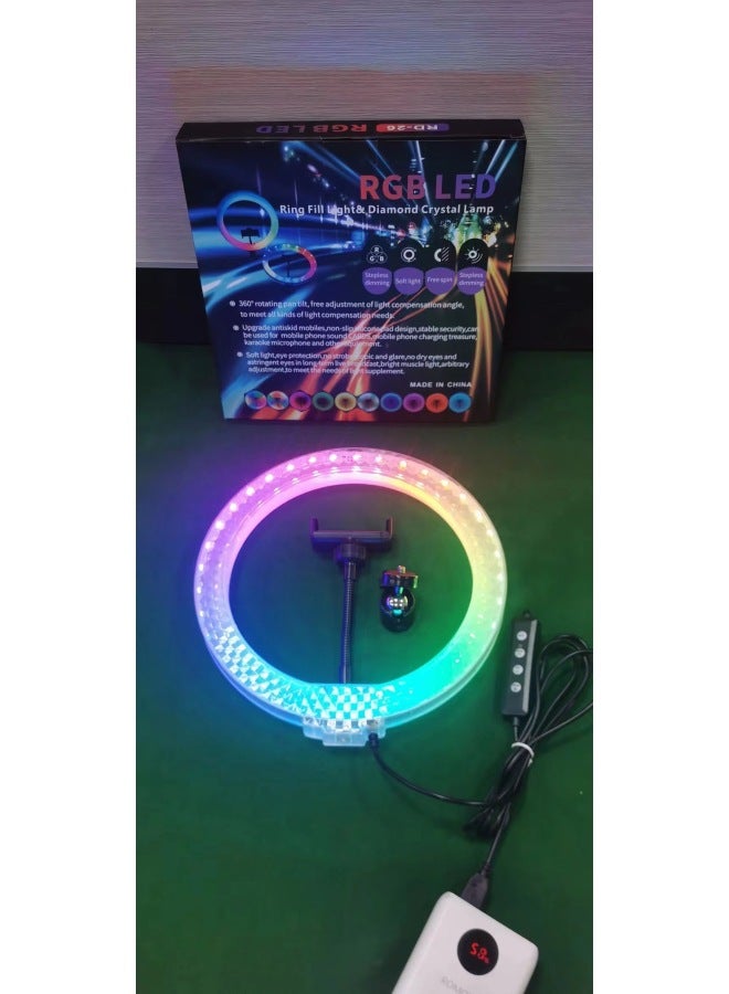 general Double-Sided RGB Crystal Diamond Ring Light Mobile Phone Desktop Flashlight Crystal Supplement Light Emitting Lamp-Specifications:RGB-ring Light 【10 Inch Wire Control】】  - Image 1