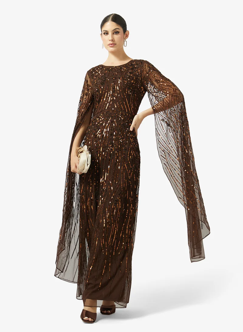 Frock And Frill  Sequin Cape Sleeve Maxi Dress for Women | Best Price UAE
