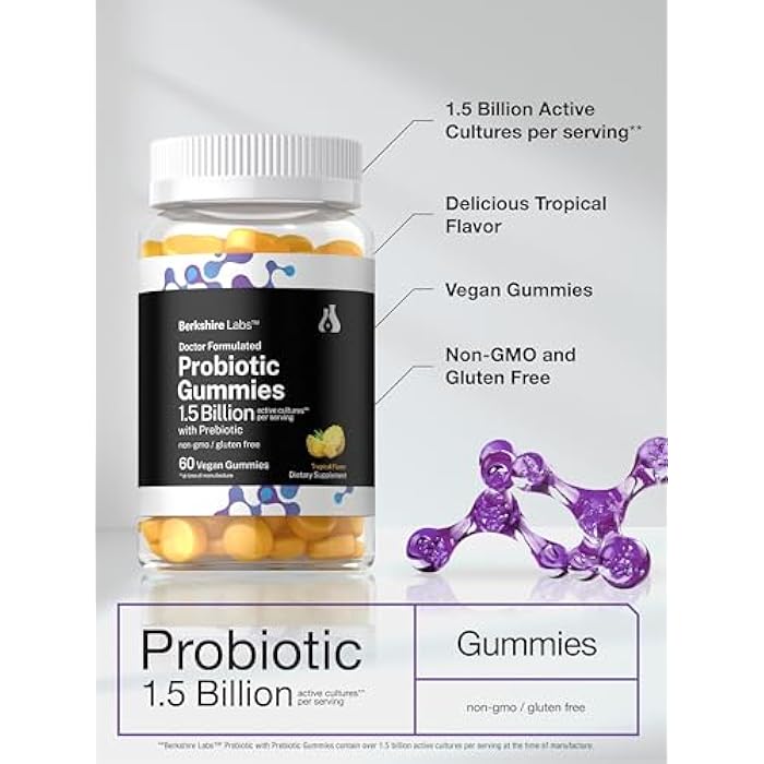 Horbäach Probiotic Gummies 1.5 Billion CFU | 60 Count | with Prebiotic for Women and Men | Tropical Flavor | Doctor Formulated | Vegan, Non-GMO & Gluten Free | Berkshire Labs - Image 4
