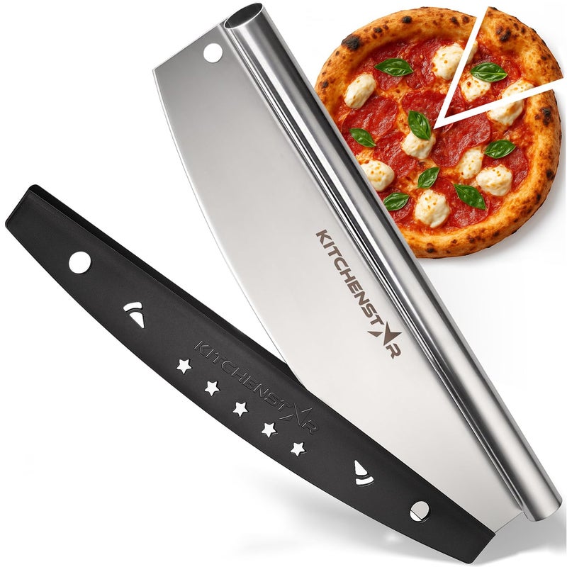 kitchen-star KitchenStar 14-Inch Pizza Cutter Rocker Blade - Sharp Stainless Steel Slicer Knife, Protective Cover, Dishwasher Safe, Large - Professional Pizza Oven Accessories - Image 1