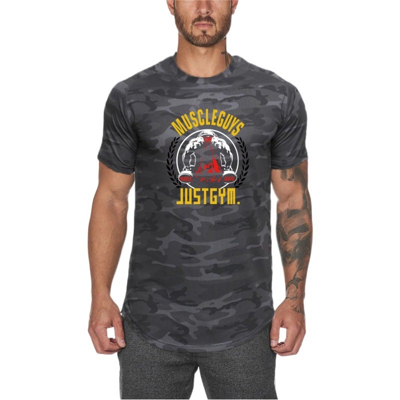 Fitness short sleeve men''s sports new camouflage men''s half sleeve T-shirt clothes sweat-absorbent muscle training clothing top - Image 2