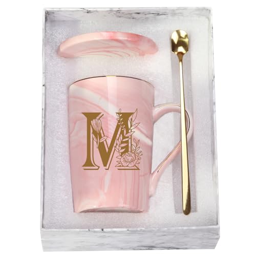 WENSSY Pink 14 Ounce Letter M with Flower Personalized Initial Mugs, Novelty Coffee Mugs for Women, Bridal Shower Gifts, Dishwasher Safe Porcelain Mug - Image 1