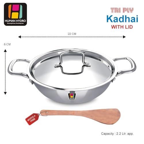 Human Hydro Triply Stainless Steel Kadai with Lid & Wooden Spatula (22CM/2.2L) | 3-Layer Steel-Aluminium-Steel Cookware | Induction & Gas Compatible | Easy to Clean, Heavy-Duty for Frying & Curries - Image 2