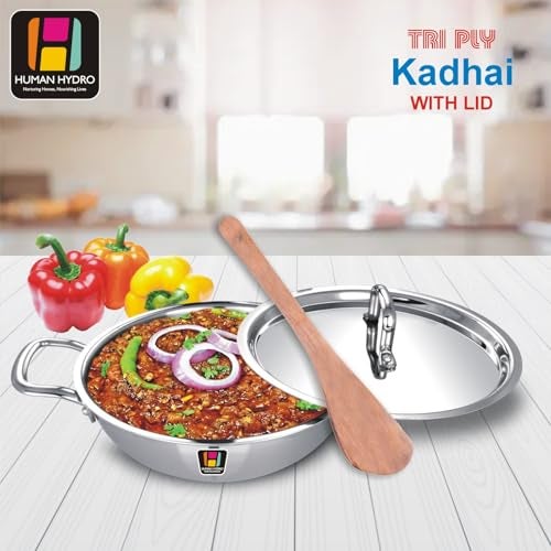 Human Hydro Triply Stainless Steel Kadai with Lid & Wooden Spatula (22CM/2.2L) | 3-Layer Steel-Aluminium-Steel Cookware | Induction & Gas Compatible | Easy to Clean, Heavy-Duty for Frying & Curries - Image 5