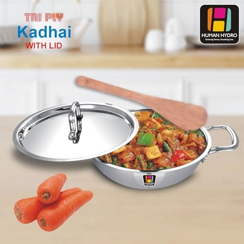 Human Hydro Triply Stainless Steel Kadai with Lid & Wooden Spatula (22CM/2.2L) | 3-Layer Steel-Aluminium-Steel Cookware | Induction & Gas Compatible | Easy to Clean, Heavy-Duty for Frying & Curries - Image 4