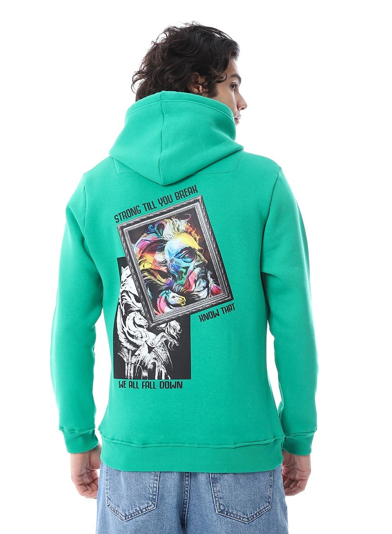 Andora Printed Hoodie With Kangaroo Pockets_Green - Image 3