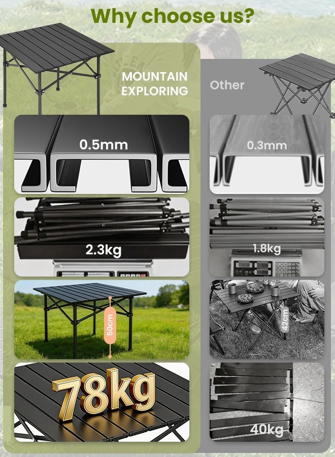 استكشاف الجبال طاولة تخييم قابلة للطي ومحمولة، تتحمل حتى 60 كجم، مزودة بحقيبة تخزين، مناسبة للنزهات الخارجية، الشواء، الحديقة، والشرفة، باللون الأسود - Image 2