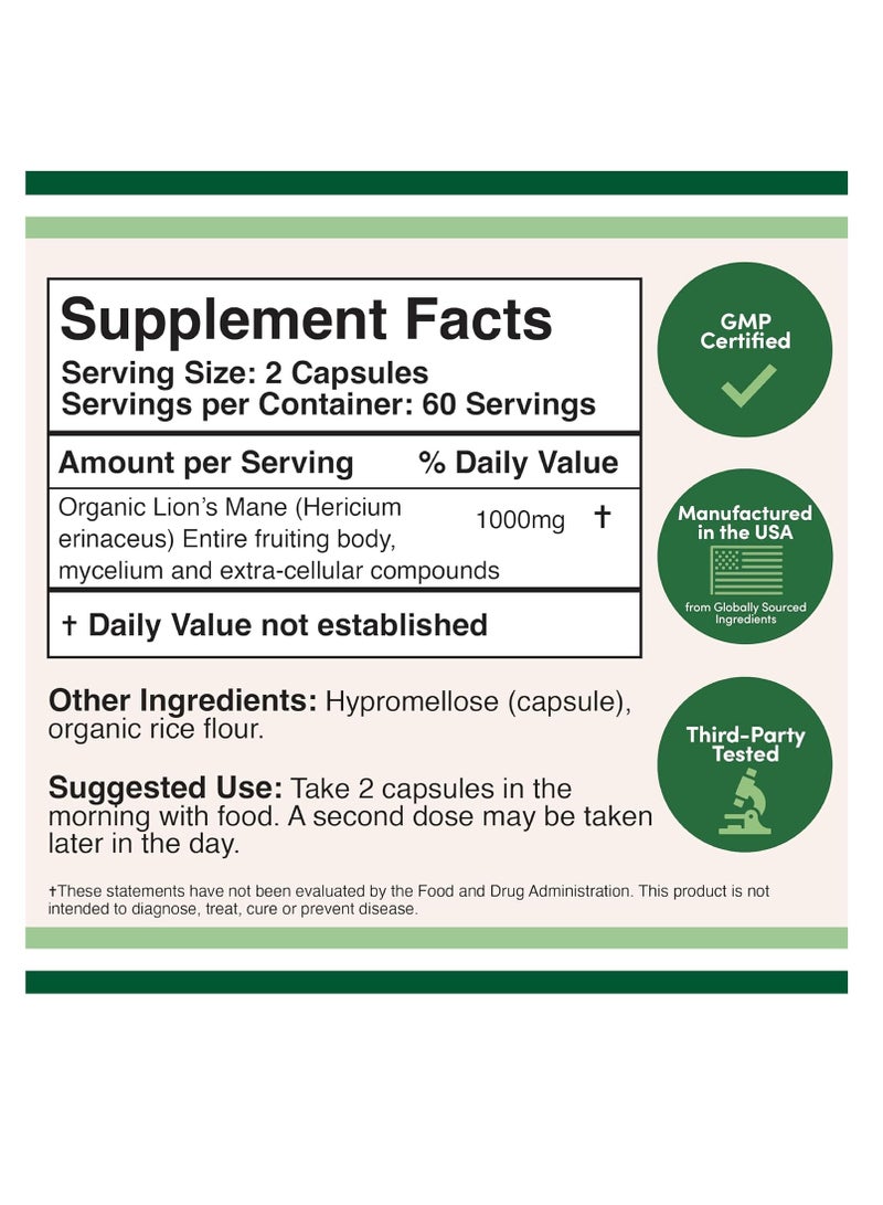 Double Wood Supplements Lion's Mane Mushroom Supplements 500 mg 120 capsules - Image 2