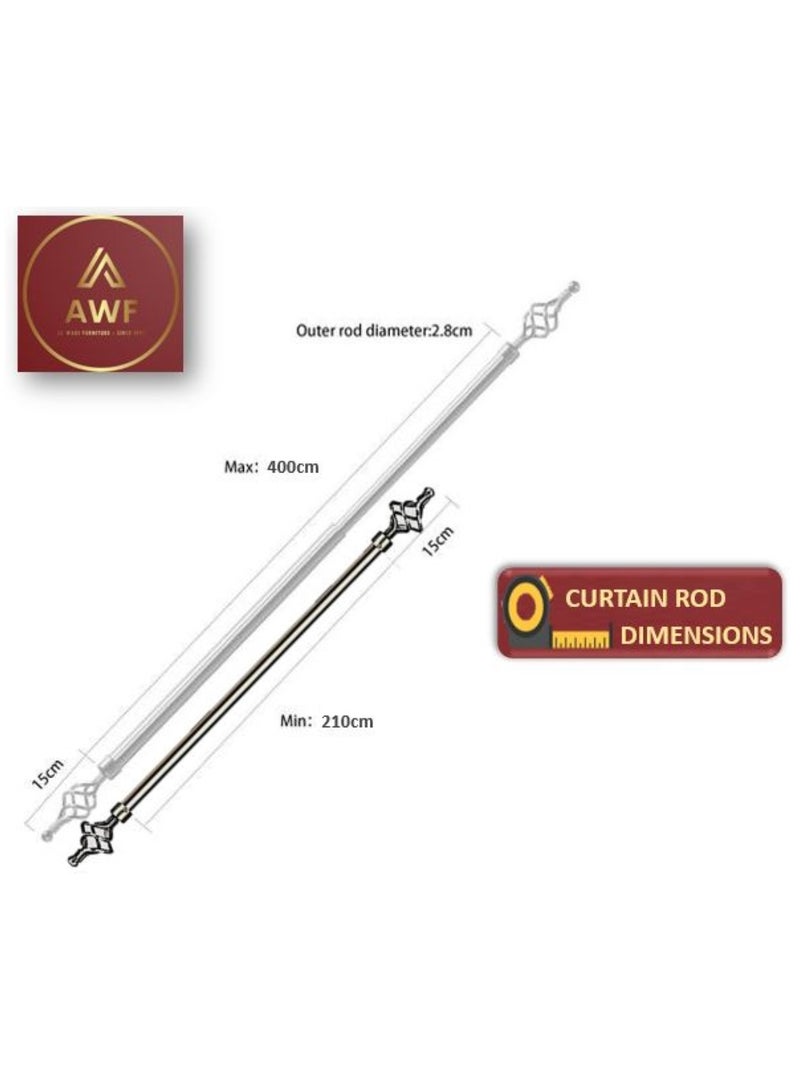 AL WADI FURNITURE Set of 2 Roman Pole Style Heavy Duty Luxury Extendable Curtain Rods, Metal Single Rods Finials Decorative End Window Treatment Rods Drapery Rods (BRASS, 200 – 400 cm) - Image 2