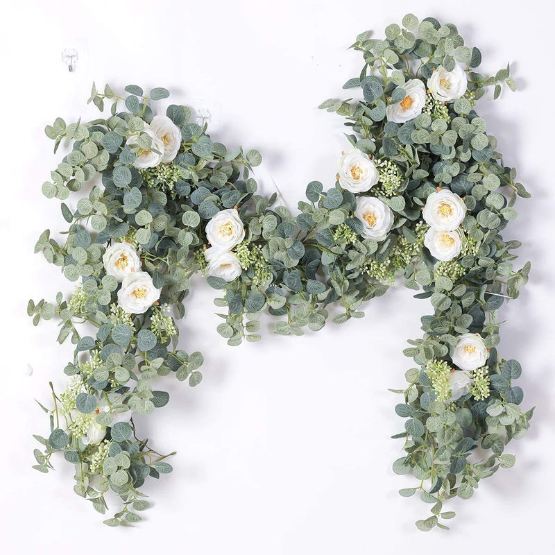PARTY JOY 656ft Eucalyptus Garland with Flowers8 White Roses Artificial Fake Flowers Greenery Garland Floral Vines for Decoration Party Wedding Table Indoor Outdoor Backdrop Wall DecorWhite